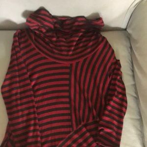 Dark red and black striped knit top with cowl neck and long sleeves